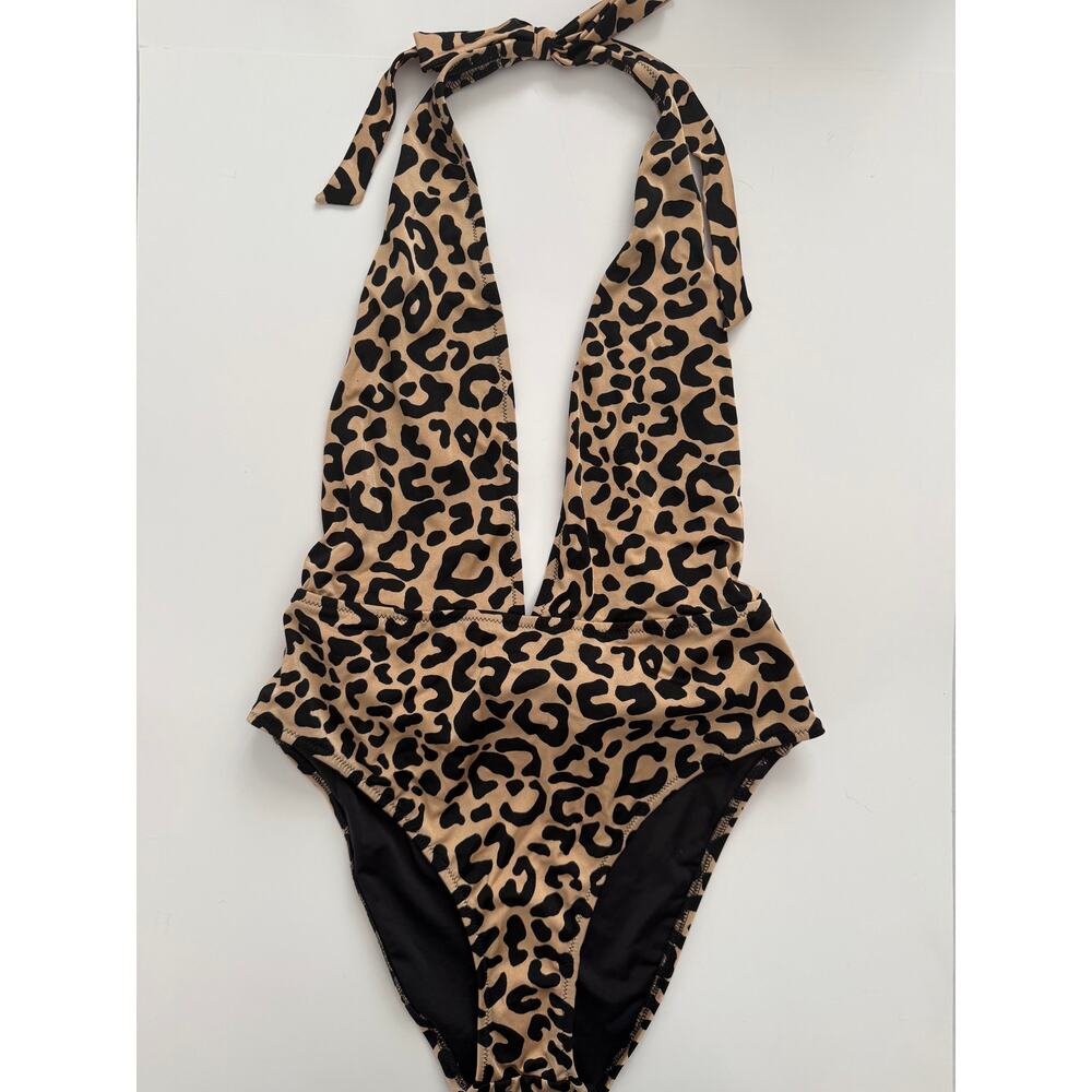 Milly Cabana Leopard Plunge Wrap One Piece Swimsuit Open Back Tie Waist NWT L - Picture 3 of 8